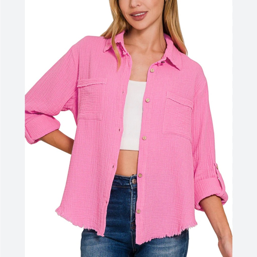 Zenanaโ Outfitters Size Large Vibrant Pink Button-Down Gauze Shirt